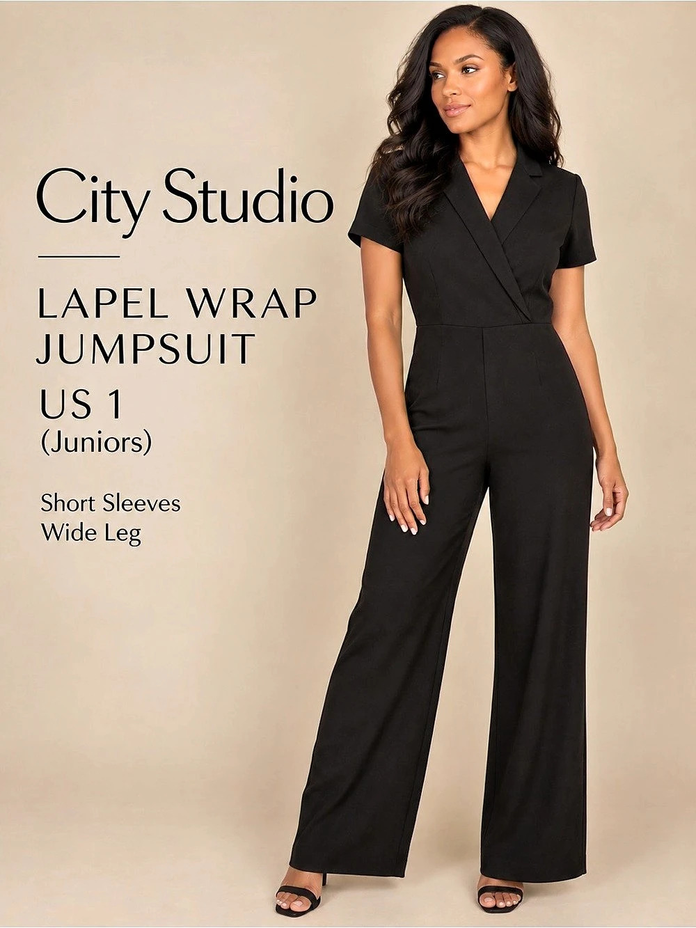 City Studio NWT Black Lapel Wrap Wide Leg Jumpsuit Size 1